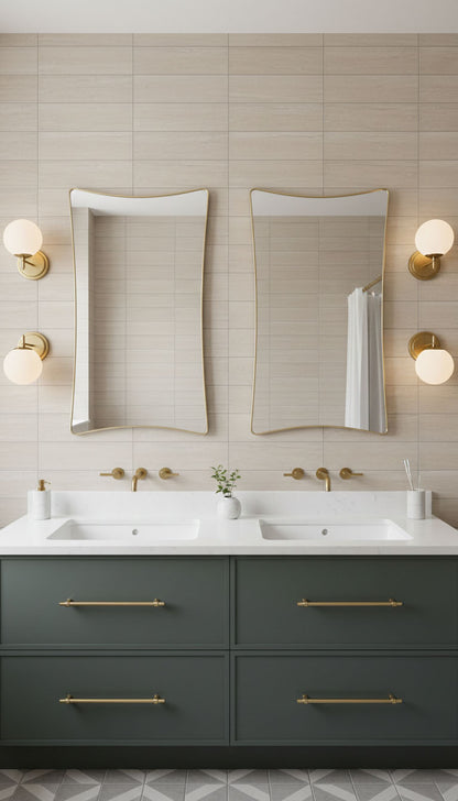 Pair of S-curve rectangle brass mirrors above double vanity sinks