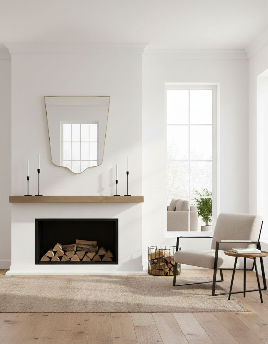 Minimal crest-edge mirror displayed above fireplace in modern living room