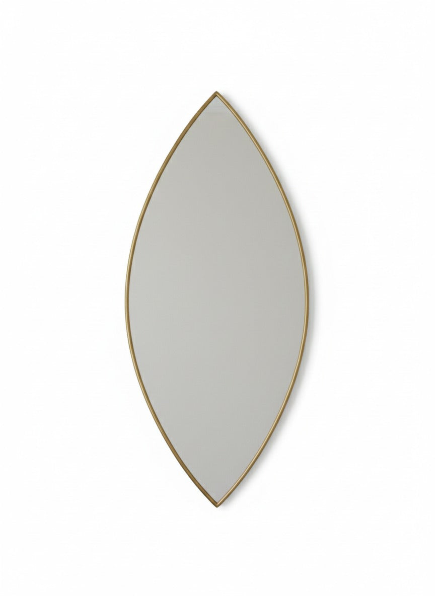 Leaf silhouette brass mirror with slim gold frame on white background