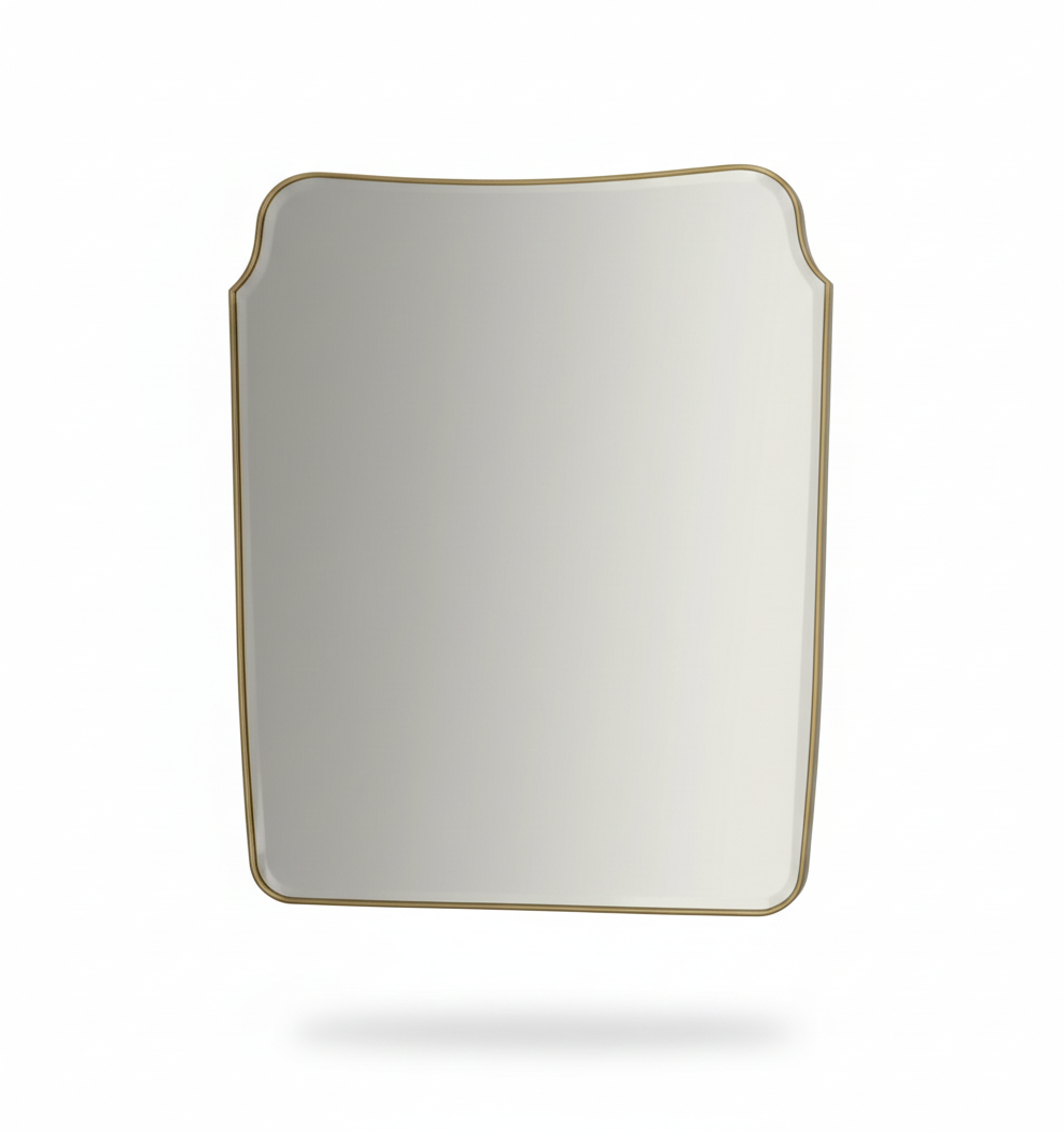 Front view of a rounded crest rectangle brass mirror on a white background