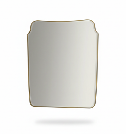 Front view of a rounded crest rectangle brass mirror on a white background