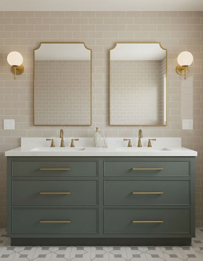 Pair of chateau rectangle brass mirrors over double bathroom vanity