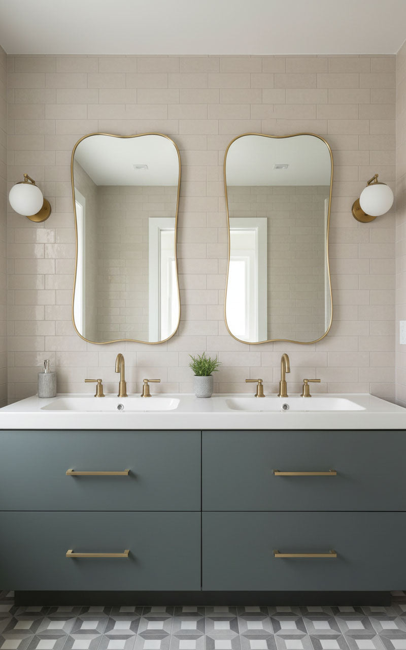 Pair of Belle Curve brass rectangle mirrors in double vanity