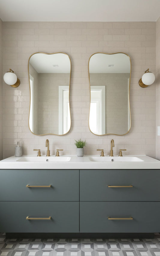 Pair of Belle Curve brass rectangle mirrors in double vanity
