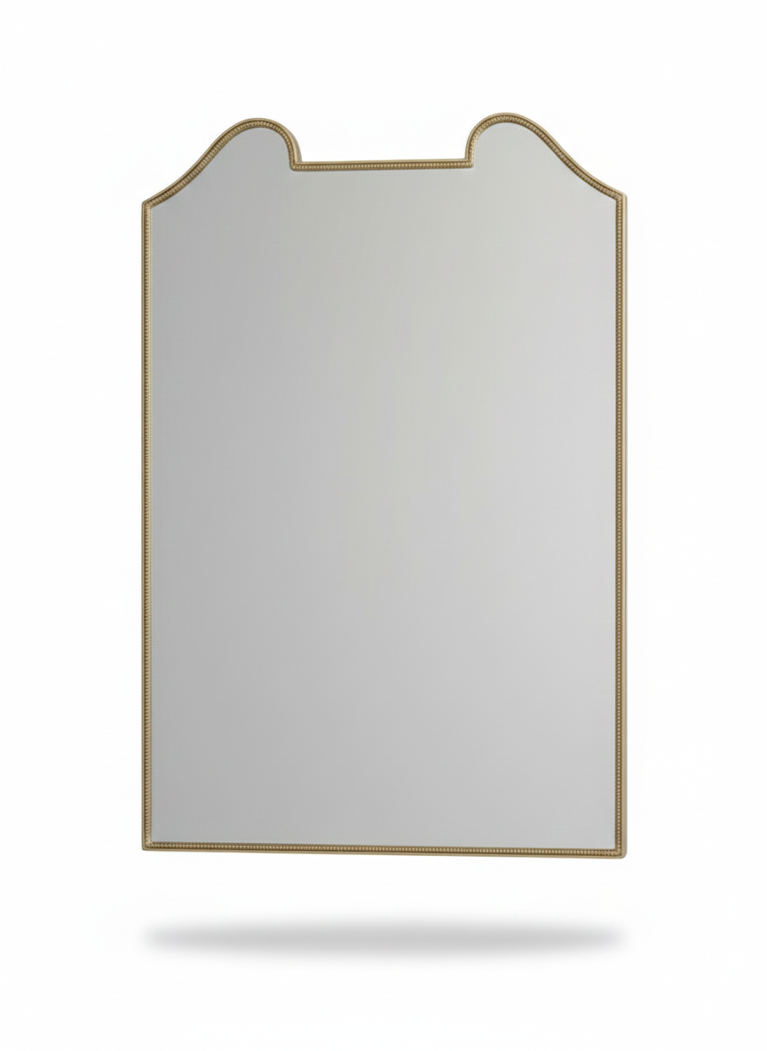 Double arch crest brass wall mirror isolated on white background