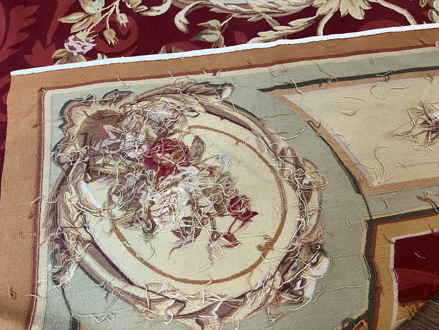 Large Aubusson Rug 10x14, Wool Handmade Vintage Carpet, Dark Red Ivory Tan, French European Elegant Aubusson Weave Rug