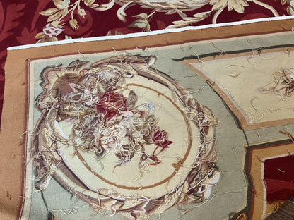 Large Aubusson Rug 10x14, Wool Handmade Vintage Carpet, Dark Red Ivory Tan, French European Elegant Aubusson Weave Rug