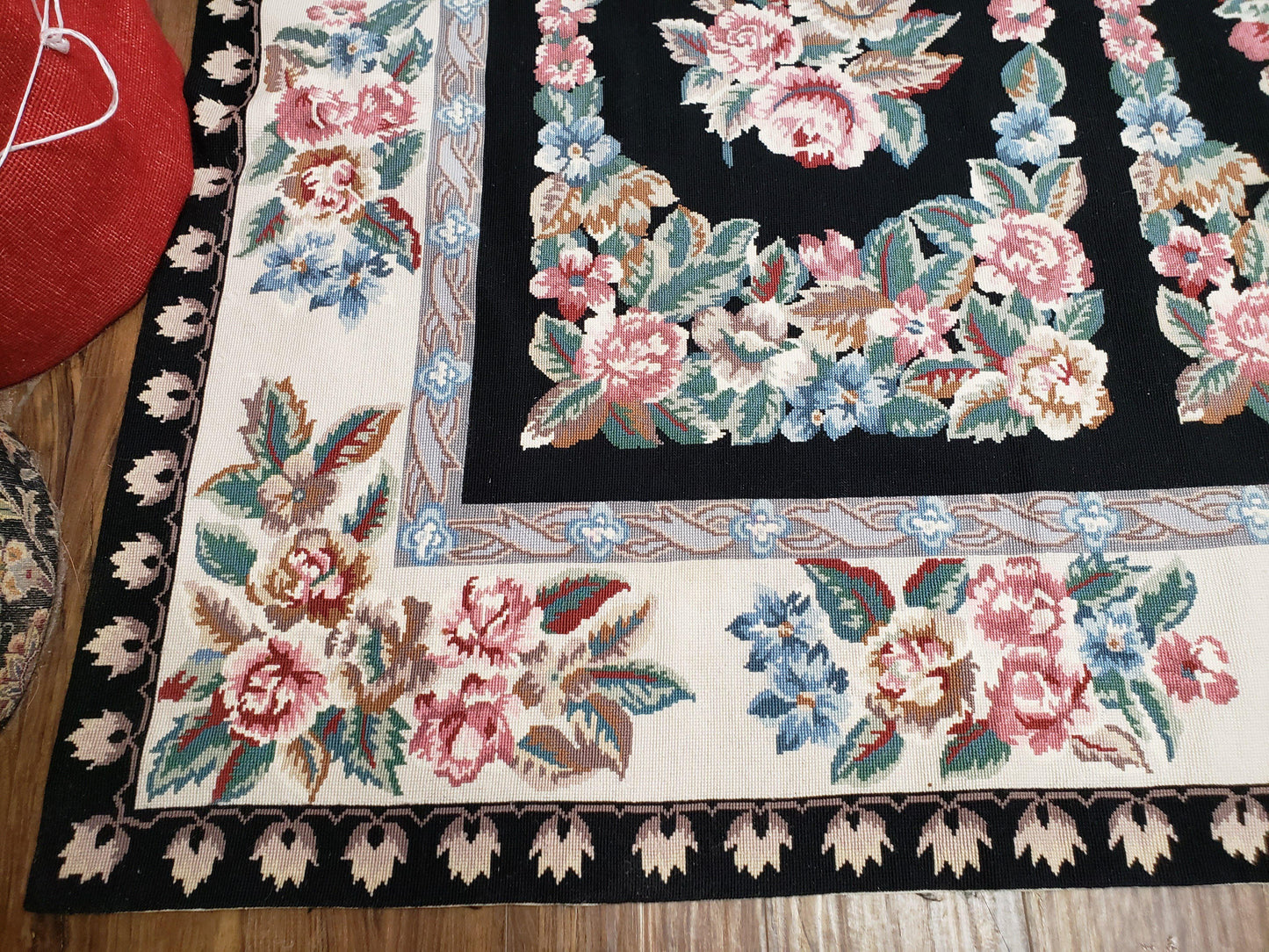 Floral Needlepoint Rug 9.5 x 13.6, Floral Panel Design, Black and Ivory Flatweave Aubusson Carpet, Multicolor