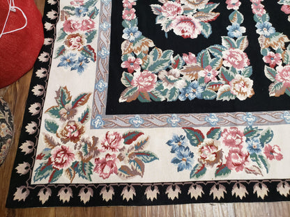 Floral Needlepoint Rug 9.5 x 13.6, Floral Panel Design, Black and Ivory Flatweave Aubusson Carpet, Multicolor