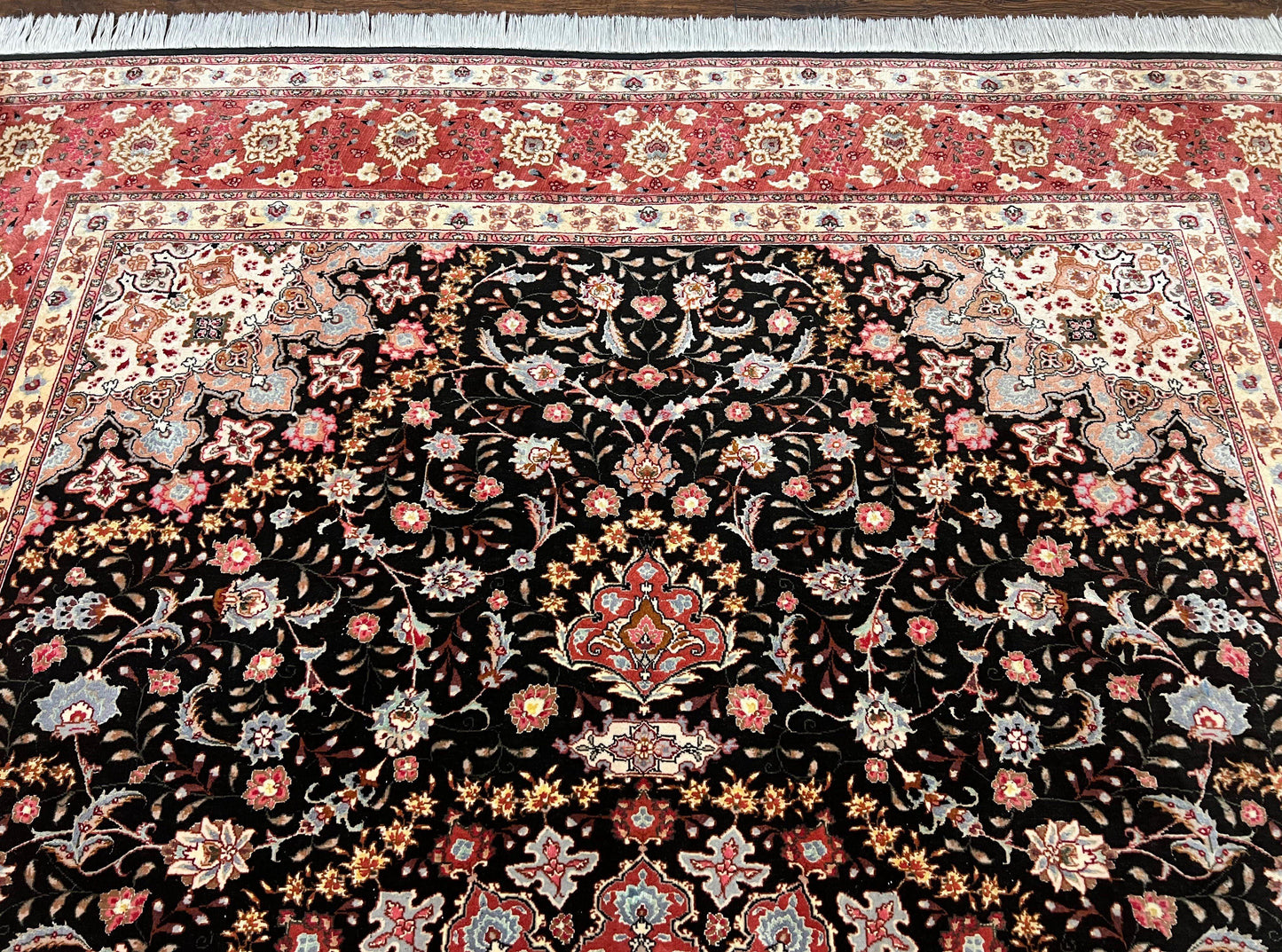 Marvelous Persian Tabriz Rug 7x10 ft, Super Fine 50 Raj, 300+ KPSI, Black and Rust Red, Floral Medallion Handmade Wool Oriental Carpet, Top Quality