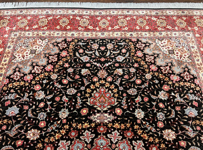Marvelous Persian Tabriz Rug 7x10 ft, Super Fine 50 Raj, 300+ KPSI, Black and Rust Red, Floral Medallion Handmade Wool Oriental Carpet, Top Quality