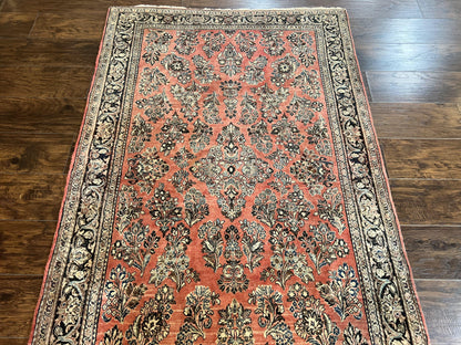 Antique Persian Sarouk Rug 4x7, Hand Knotted Wool Red Persian Carpet, Floral, Fine 300 KPSI