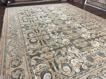 Spanish Wool Rug 11x14 Hand Knotted Vintage Floral Olive Green Beige European Design