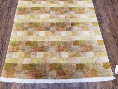 Tibetan Rug 4x6 Modern Abstract Handmade Area Rug With Checkerboard Pattern Ivory Gold Tan