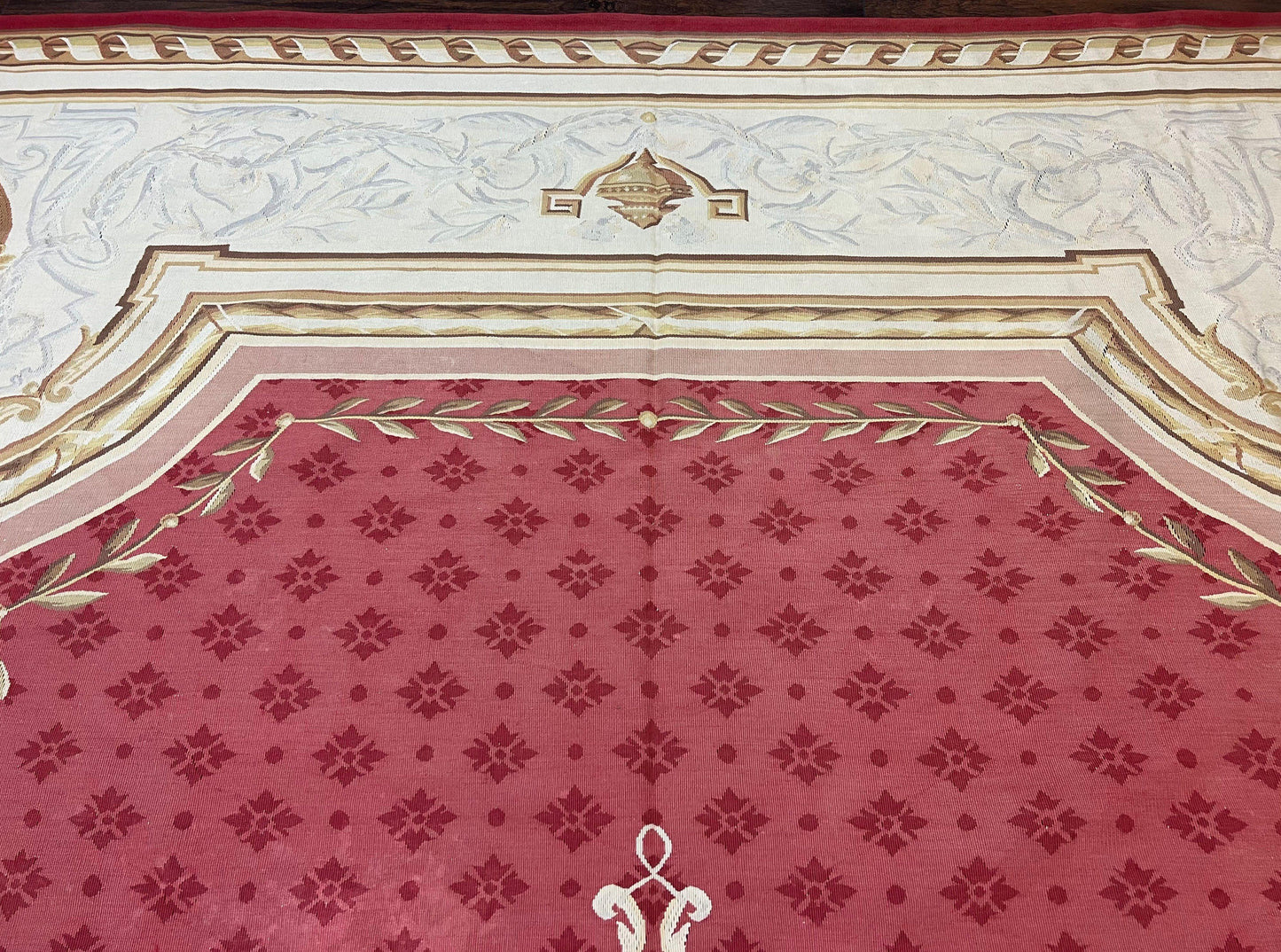 Elegant Aubusson Rug 9x12 Handmade Wool Carpet Red Ivory Vintage French Design