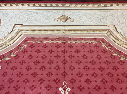Elegant Aubusson Rug 9x12 Handmade Wool Carpet Red Ivory Vintage French Design