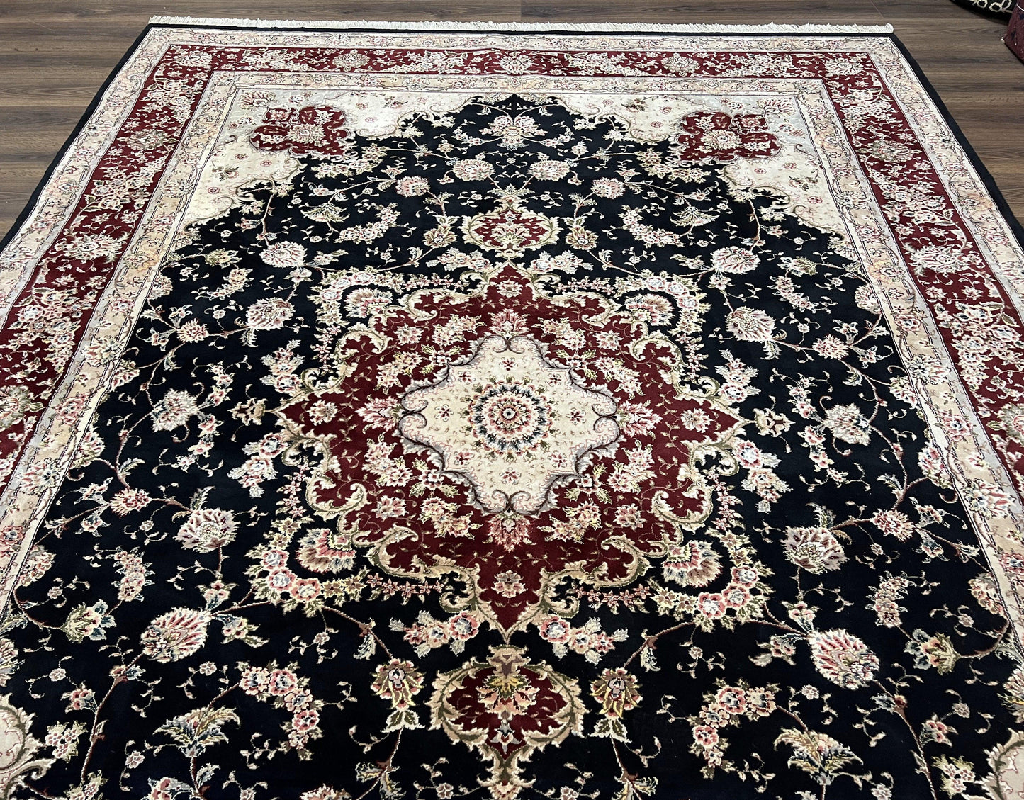 Pak Persian Rug 8.8 x 10.6, Floral Medallion, Wool and Silk Hand Knotted Fine Oriental Carpet, Elegant Rug, Black Gray Burgundy, Room Sized