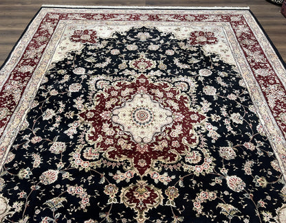 Pak Persian Rug 8.8 x 10.6, Floral Medallion, Wool and Silk Hand Knotted Fine Oriental Carpet, Elegant Rug, Black Gray Burgundy, Room Sized