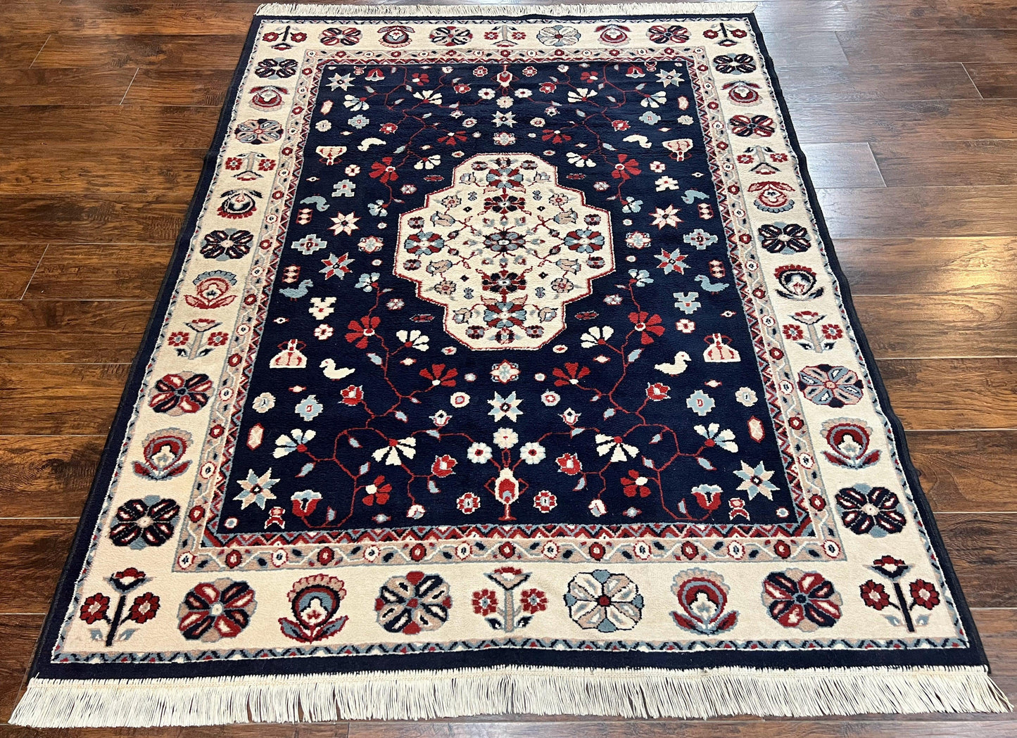 Power Loomed Rug Belgium 5.6 x 7 Navy Ivory Heriz Vintage Oriental Carpet