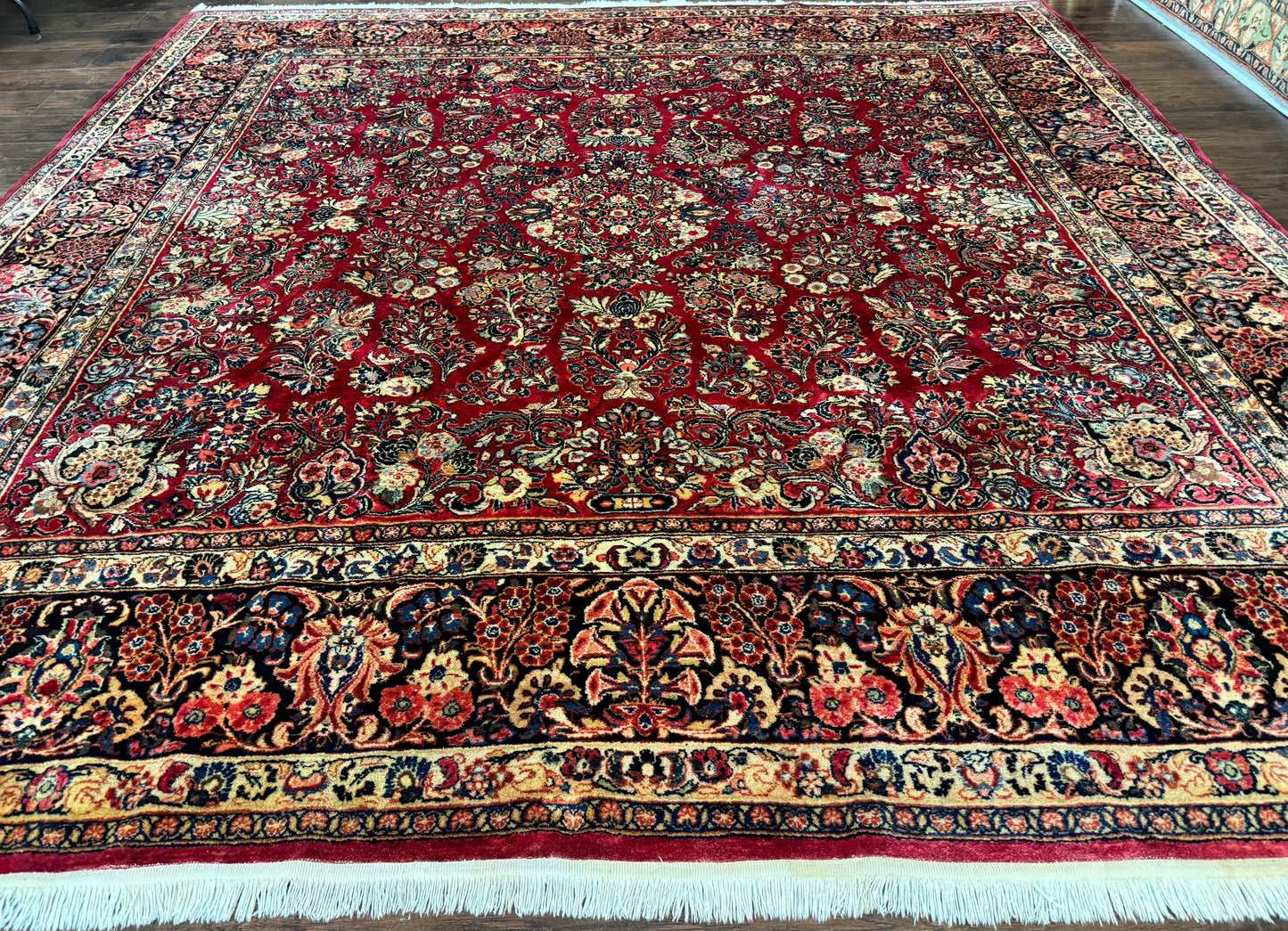 Antique Persian Sarouk Rug 10x10 Square Red Floral Lattice With Navy Border