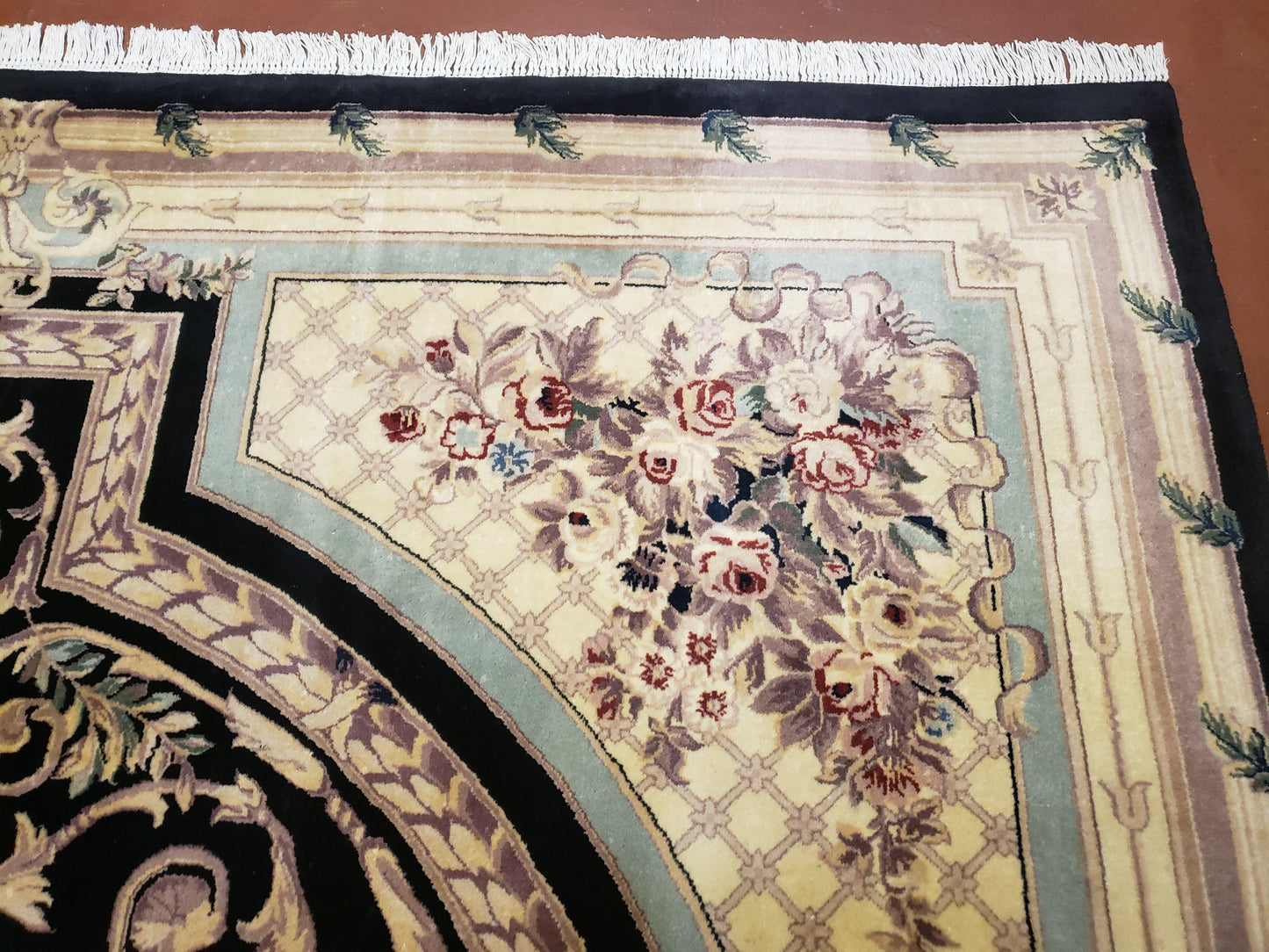 Aubusson Rug 8x10 Hand Knotted Wool Savonnerie Black Ivory French Design