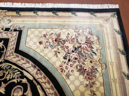 Aubusson Rug 8x10 Hand Knotted Wool Savonnerie Black Ivory French Design