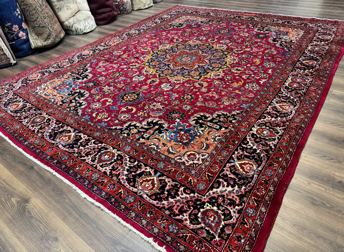 Red Persian Mashad Rug 10x13 - Floral Medallion Signed By Masterweaver