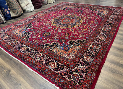 Red Persian Mashad Rug 10x13 - Floral Medallion Signed By Masterweaver