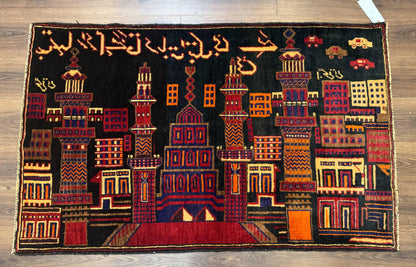 Balouch Rug 3x5 City Pictorial Afghan Hand Knotted Wool Area Rug