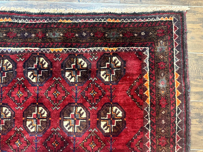 Persian Turkoman Tribal Rug 4x8, Handmade Vintage Wool Carpet, Red, Bohemian Rug