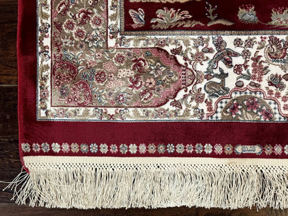 Dark Red Turkish Silk Rug 2.6 x 4, Hunting Design Scene, Bamboo Silk