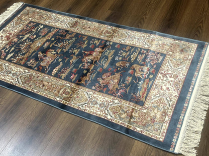 Turkish Silk Hunting Scene Rug 2.6 x 5 Feet Dark Steel Blue And Ivory Bamboo Silk Area Rug