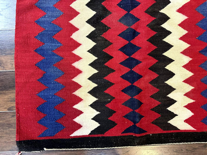Antique Navajo Rug Handmade Wool Area Rug With Red Ivory Blue Zigzag Pattern