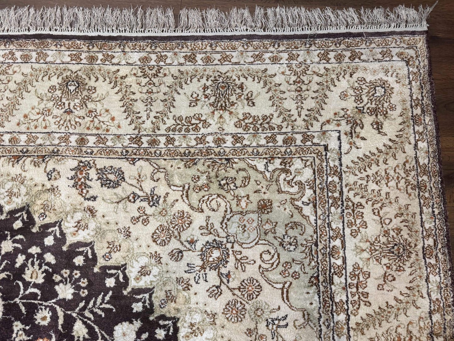 Indian Kashmiri Silk Rug 10x14, Floral Medallion