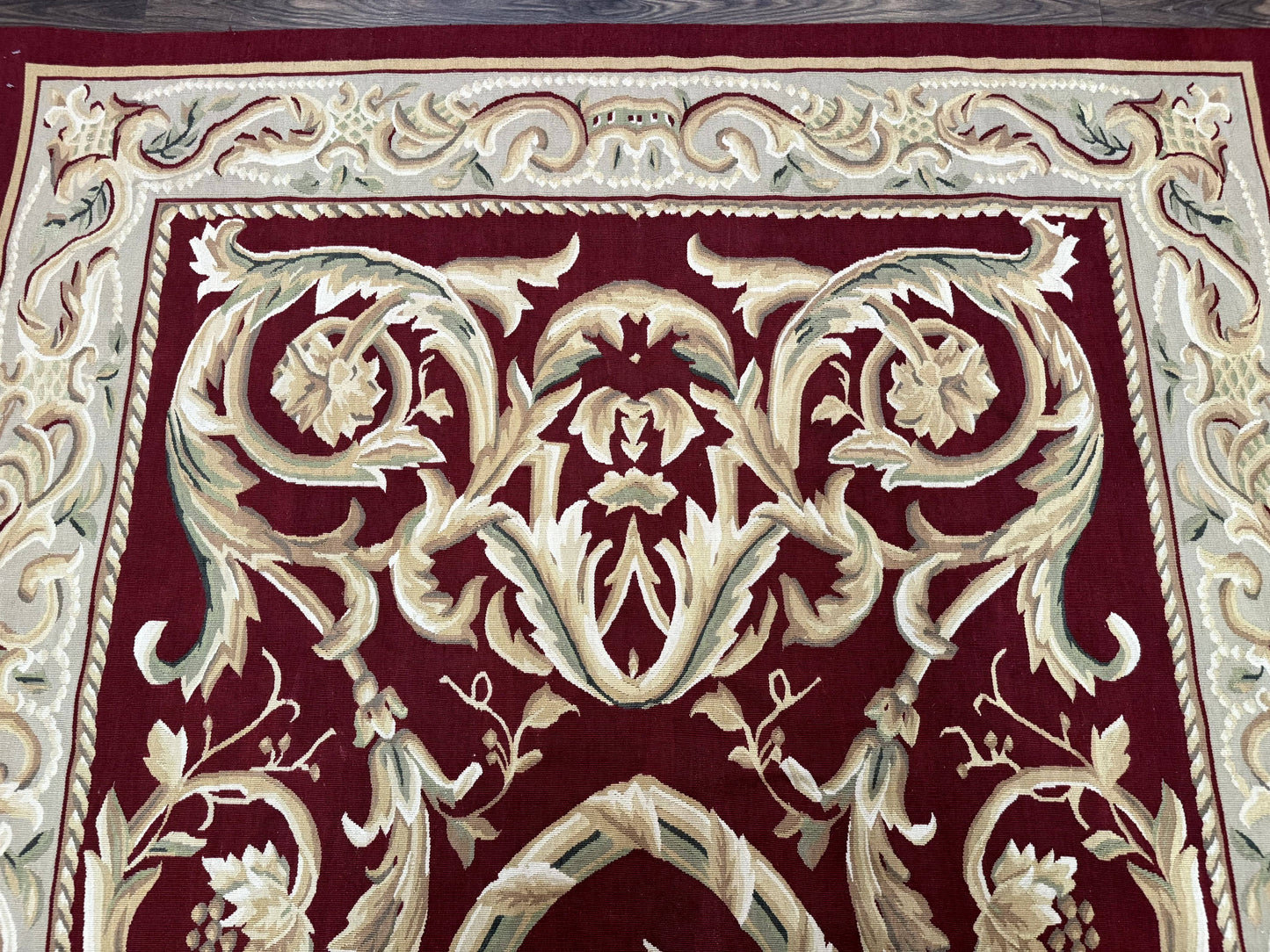 Burgundy Aubusson Wool Rug 6x9 Hand Knotted Vintage Carpet