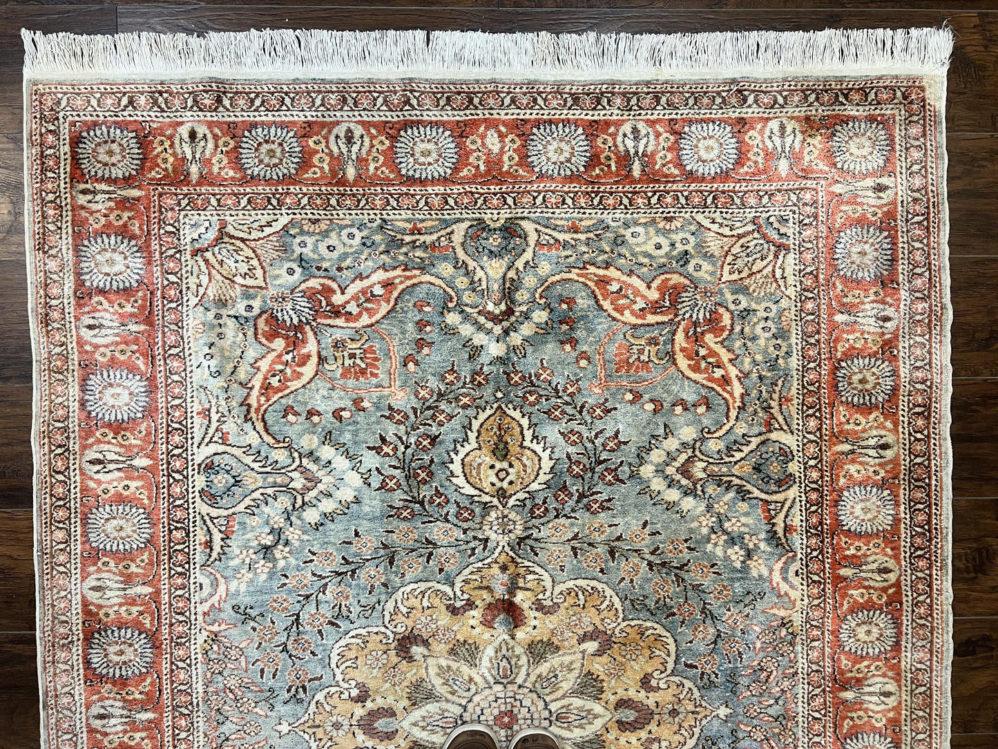 Silk Turkish Rug 5x7, Light Blue Silk Carpet, Floral Medallion, Turkish Kayseri Rug, Vintage Handmade Oriental Rug