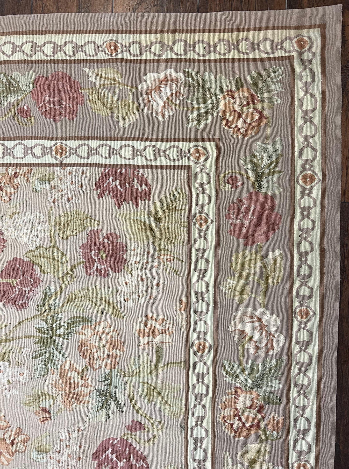 Aubusson Rug 9x12 Wool Handmade Floral Roses Pink Beige Mauve European French Design