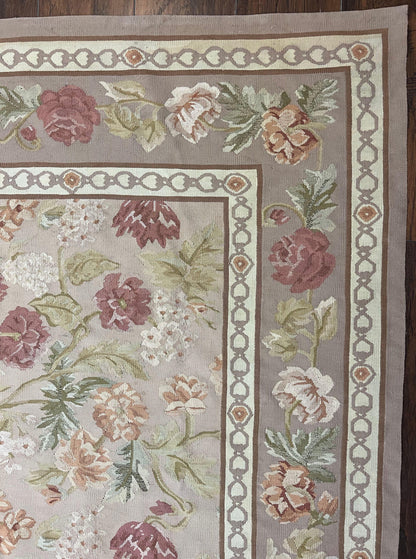 Aubusson Rug 9x12 Wool Handmade Floral Roses Pink Beige Mauve European French Design