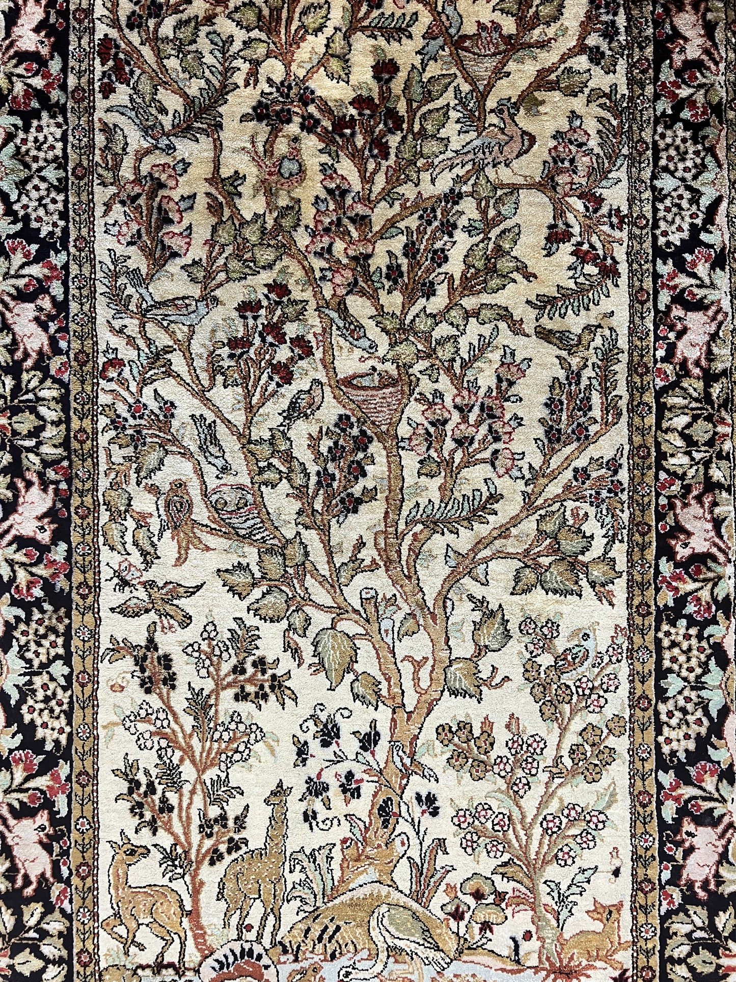 Silk Tree of Life Persian Qum Rug 3x4, Hand Knotted Vintage Carpet, Cream & Black, Very Fine Oriental Rug, Animal Pictorials, Birds