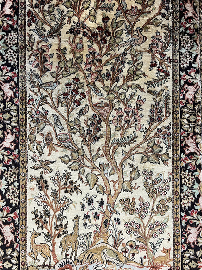 Silk Tree of Life Persian Qum Rug 3x4, Hand Knotted Vintage Carpet, Cream & Black, Very Fine Oriental Rug, Animal Pictorials, Birds