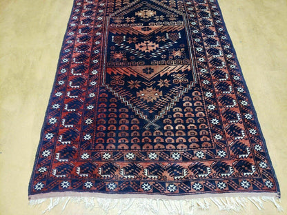 Vintage Balouchi Wool Rug Handmade In Pakistan 3 Foot 4 Inch By 5 Foot 6 Inch