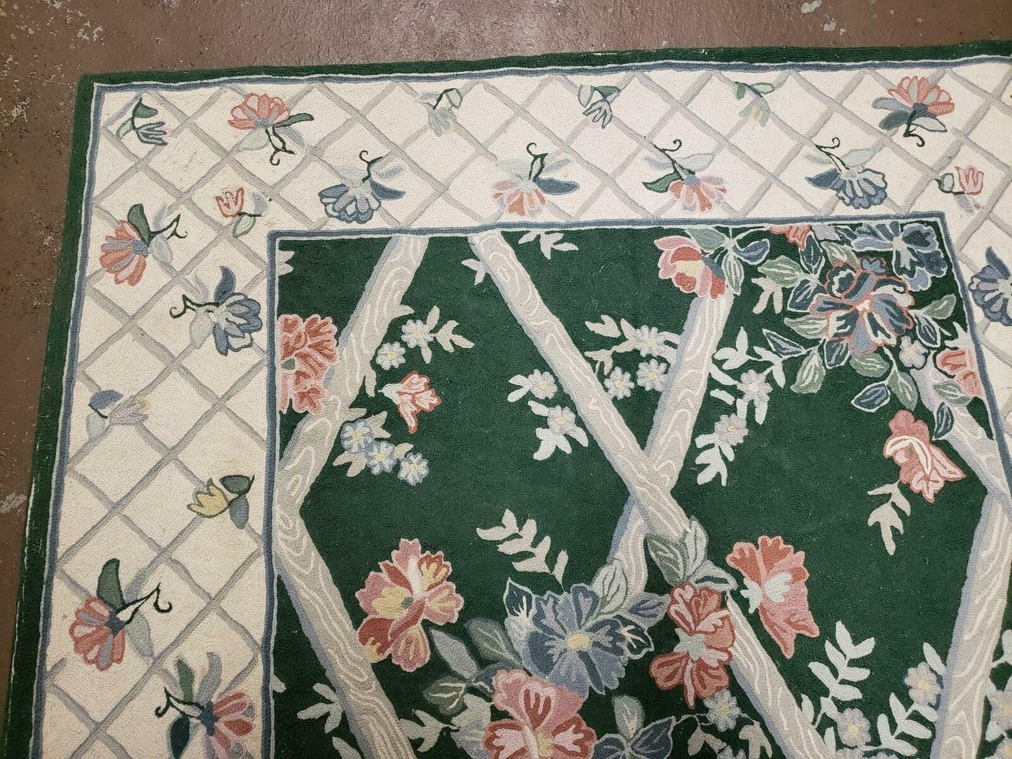 Hand Stitched Indian Wool Rug 3 Ft 6 In By 5 Ft 6 In Green Beige Backing Vintage 1980s