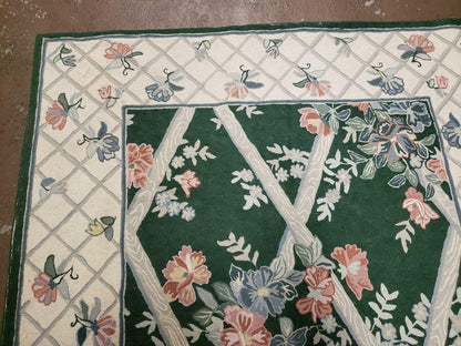 Hand Stitched Indian Wool Rug 3 Ft 6 In By 5 Ft 6 In Green Beige Backing Vintage 1980s