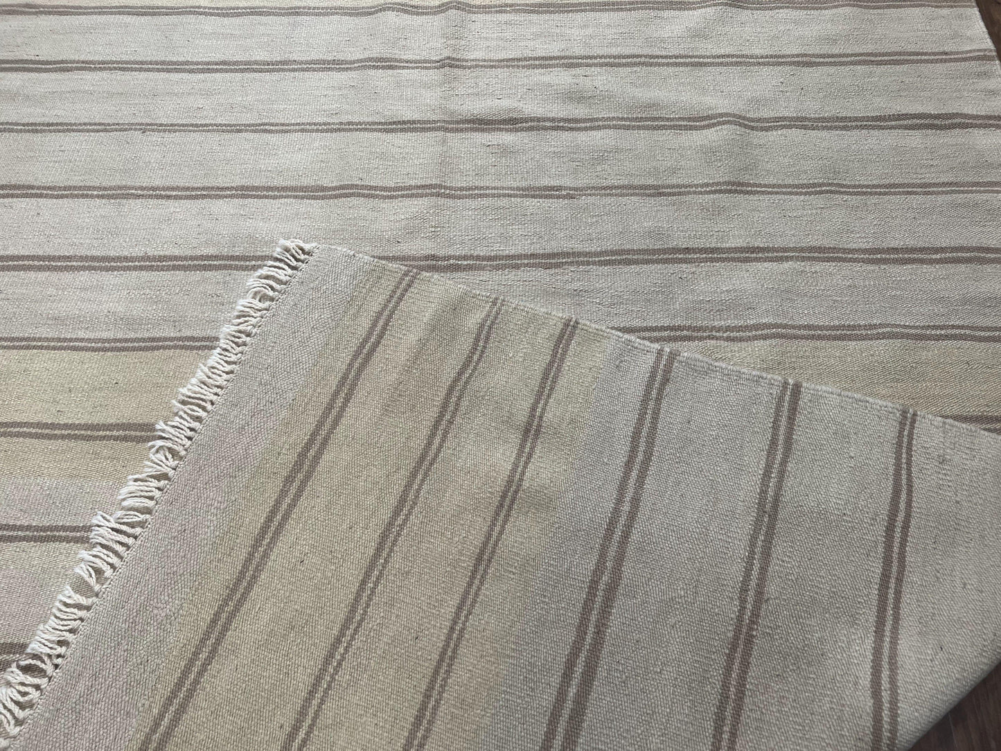 New Turkish Kilim Rug 5x8 Flatweave Wool Carpet Hand Woven Bohemian Contemporary Striped Gray Taupe