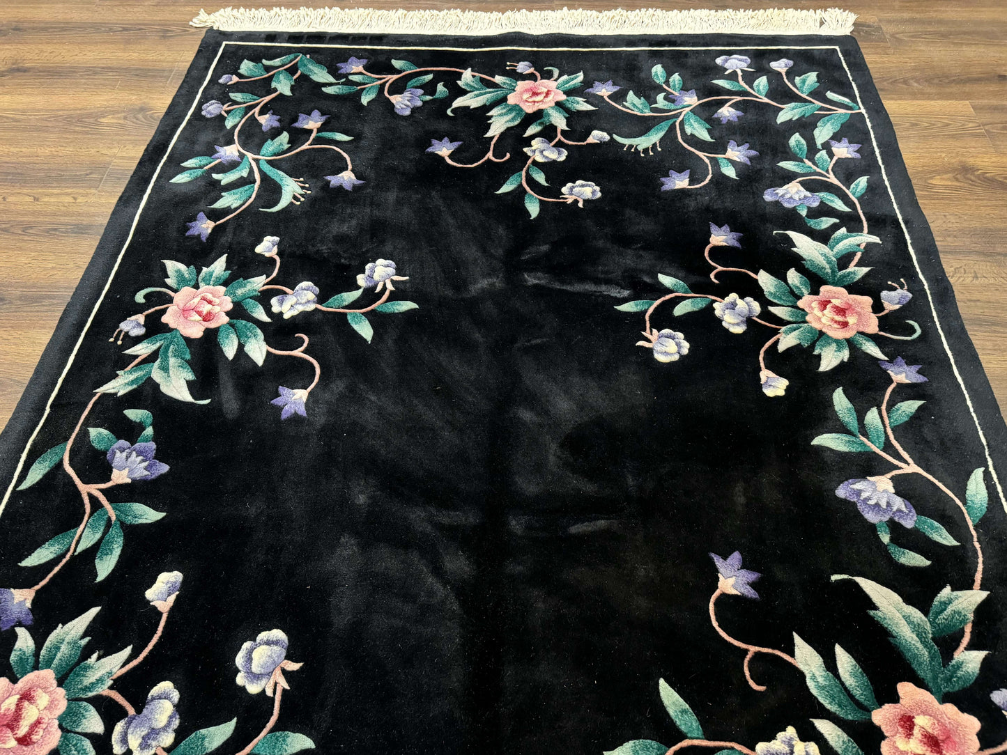 Chinese Wool Rug 6x9 Vintage Black Floral Minimal Design Art Deco Handmade Hand Knotted