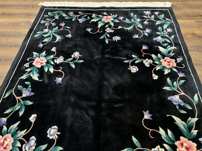 Chinese Wool Rug 6x9 Vintage Black Floral Minimal Design Art Deco Handmade Hand Knotted