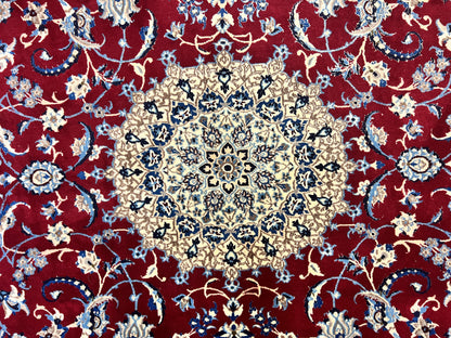 Persian Nain Rug 6x10, Wool and Silk Highlights, Red and Ivory, Floral Medallion, Vintage Handmade Hand Knotted, Fine 225 KPSI, Traditional Rug