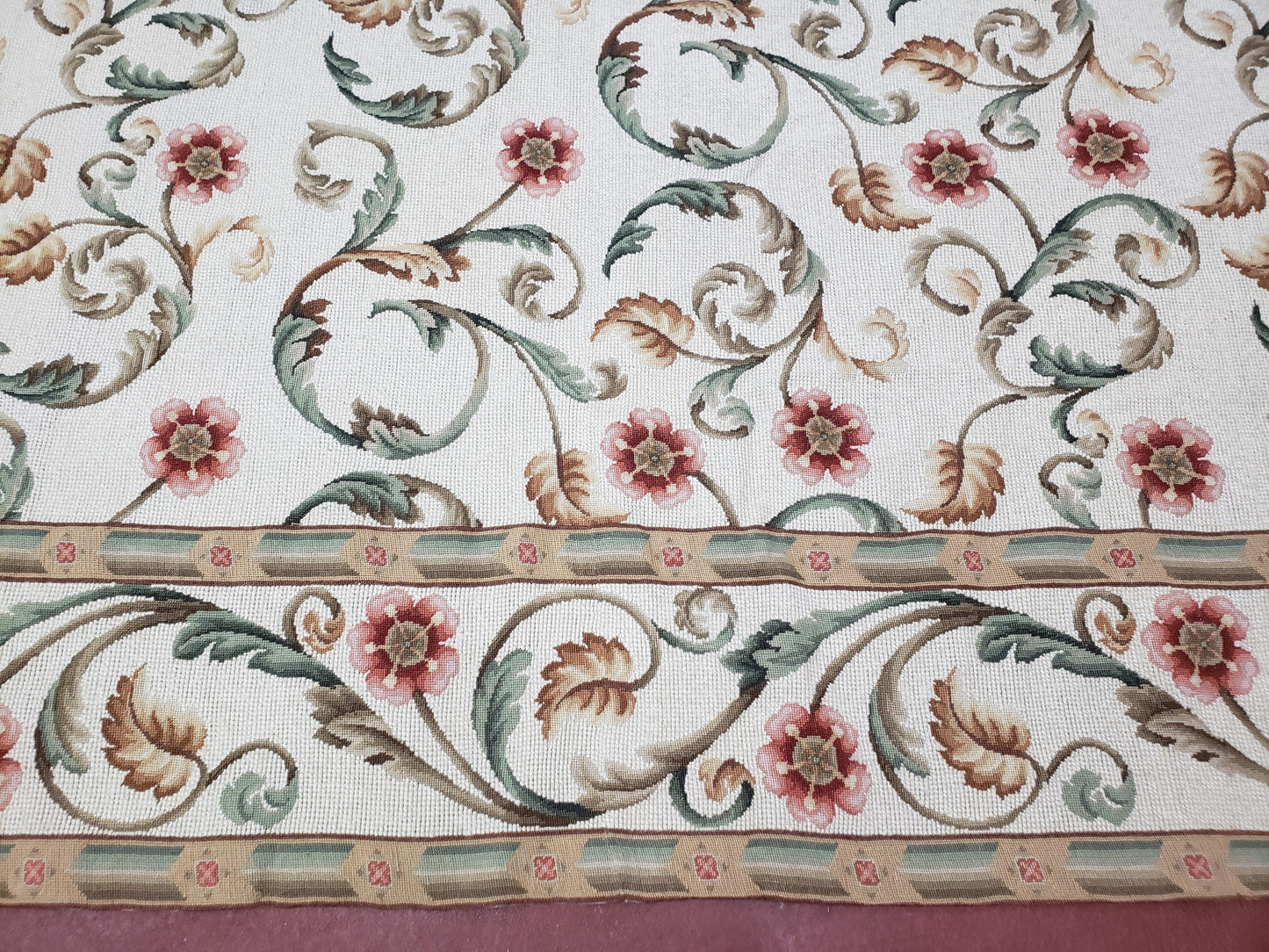 Needlepoint Rug 9x12, European Aubusson Design, Floral Allover Garden Pattern, New Needlepoint Area Rug, Ivory Rug, Hand Woven, Flatweave