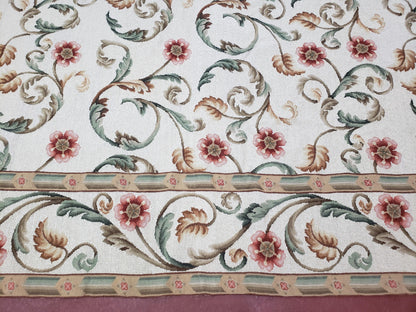 Needlepoint Rug 9x12, European Aubusson Design, Floral Allover Garden Pattern, New Needlepoint Area Rug, Ivory Rug, Hand Woven, Flatweave