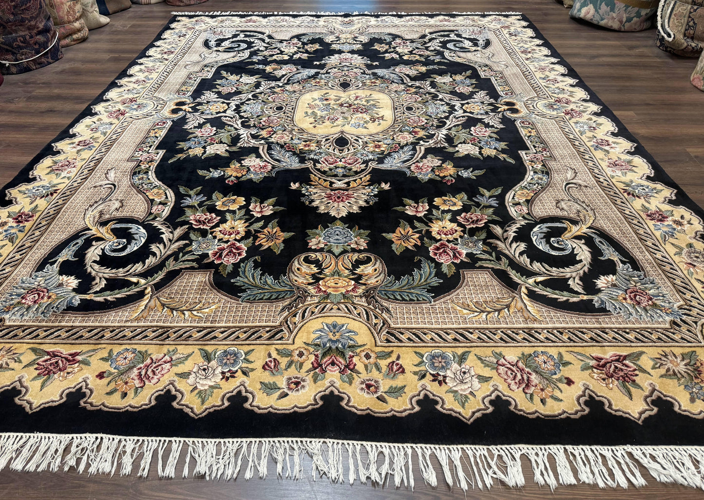 Aubusson Rug 9x12 Black And Beige Floral Elegant Handmade Carpet